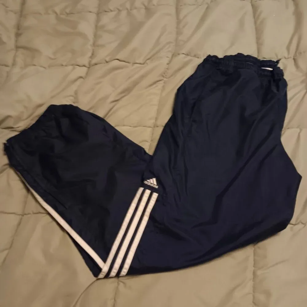 Adidas Mens Large Vintage Blue Windbreaker Track Pants 2004 Zipper Legs 3 stripe